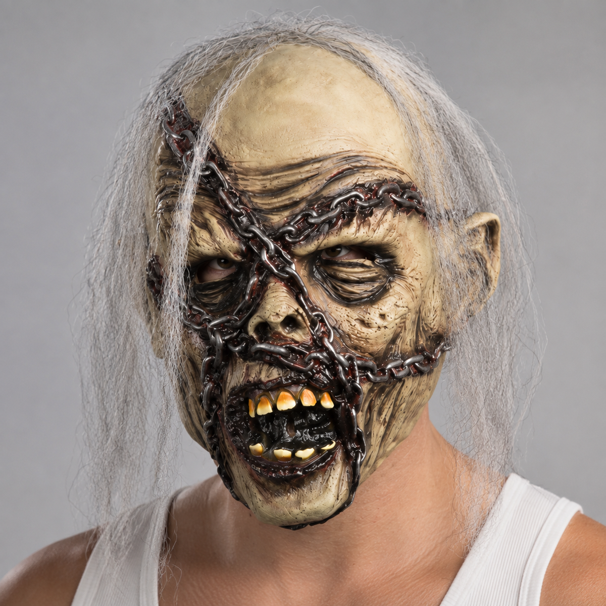 Chained Zombie Latex Mask Full Head Rotting Face with Gray Hair Horror