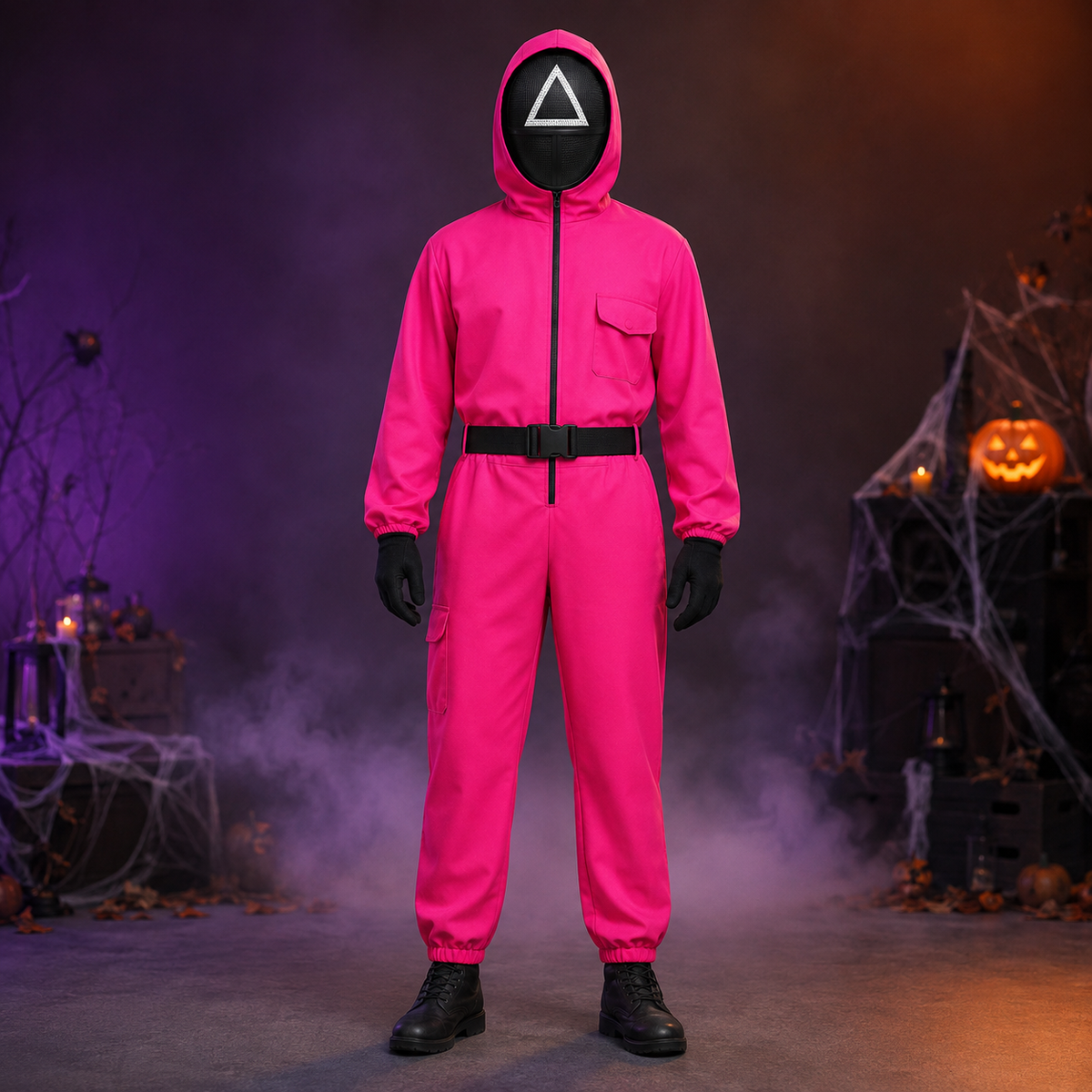 Adult Squid Game Guard Costume Hot Pink Jumpsuit Mask Belt Gloves