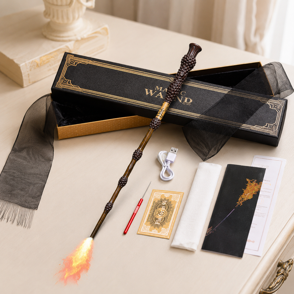 Fire Shooting Magic Wand USB Rechargeable Flame Effect Wizard Gift Box
