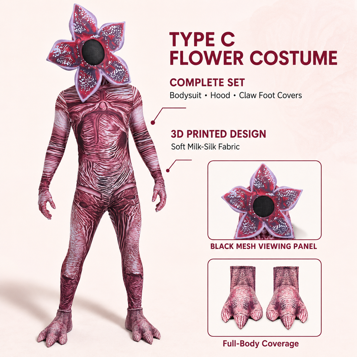 Flower Head Monster Costume Bodysuit Petal Hood Claw Gloves Feet