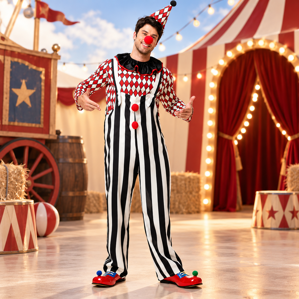 Couples Harlequin Clown Costume Mens Striped Overalls Womens Dress Hat