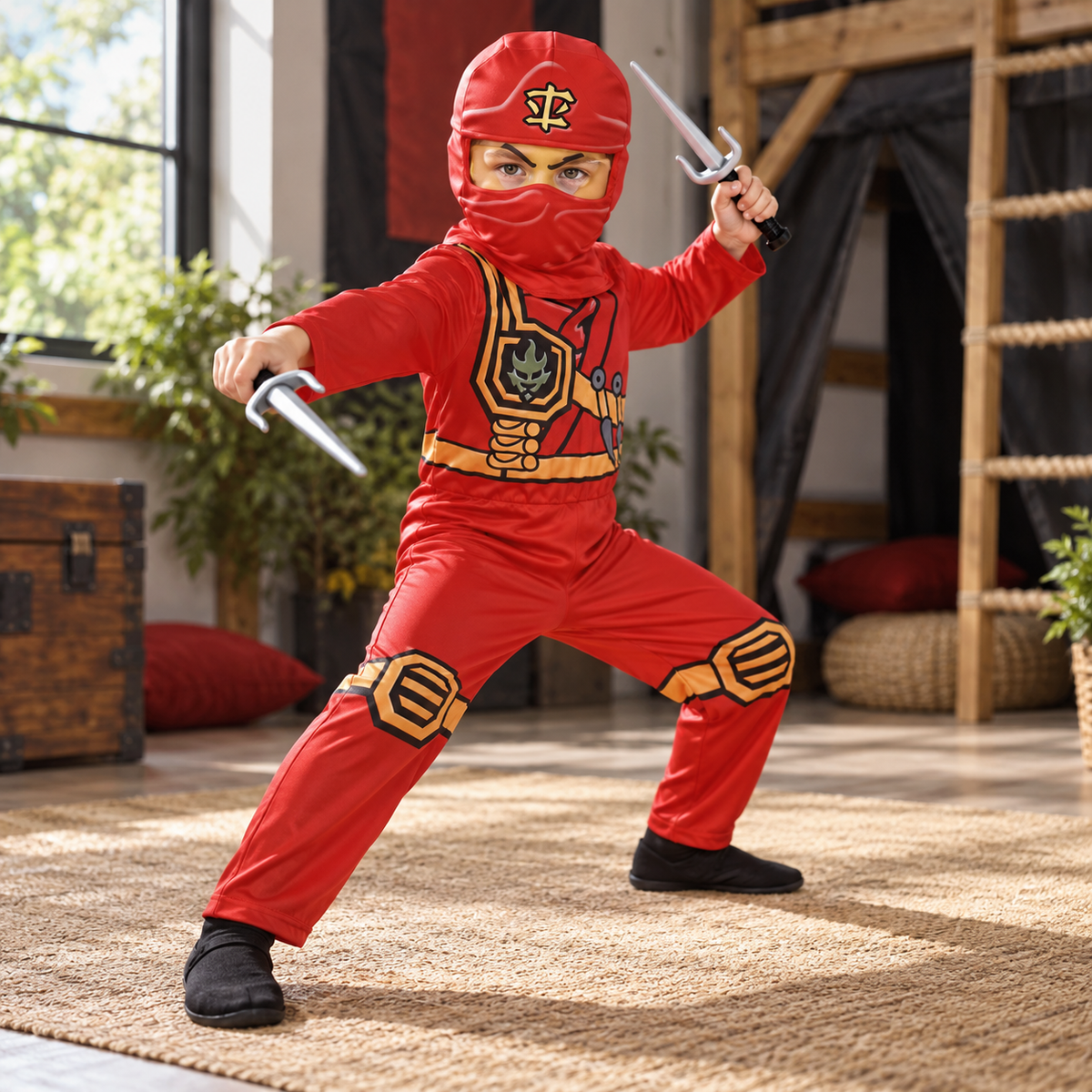 Kids Ninja Costume Red or Green Jumpsuit Hood Mask and Toy Sai Set