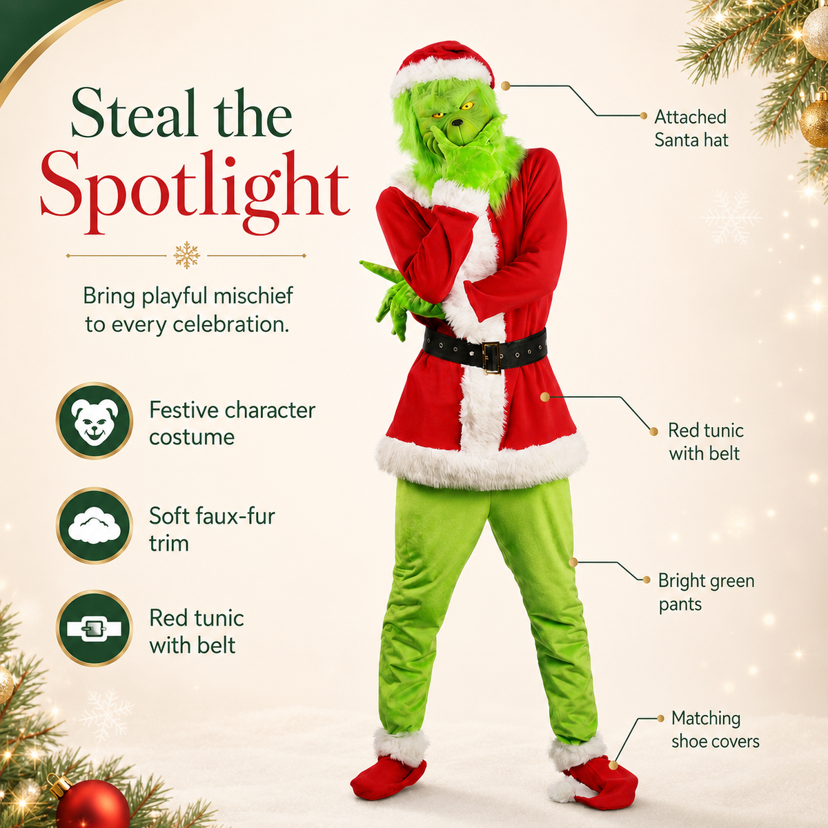 Green Christmas Grinch Style Costume Furry Mask Santa Suit Kids Adults