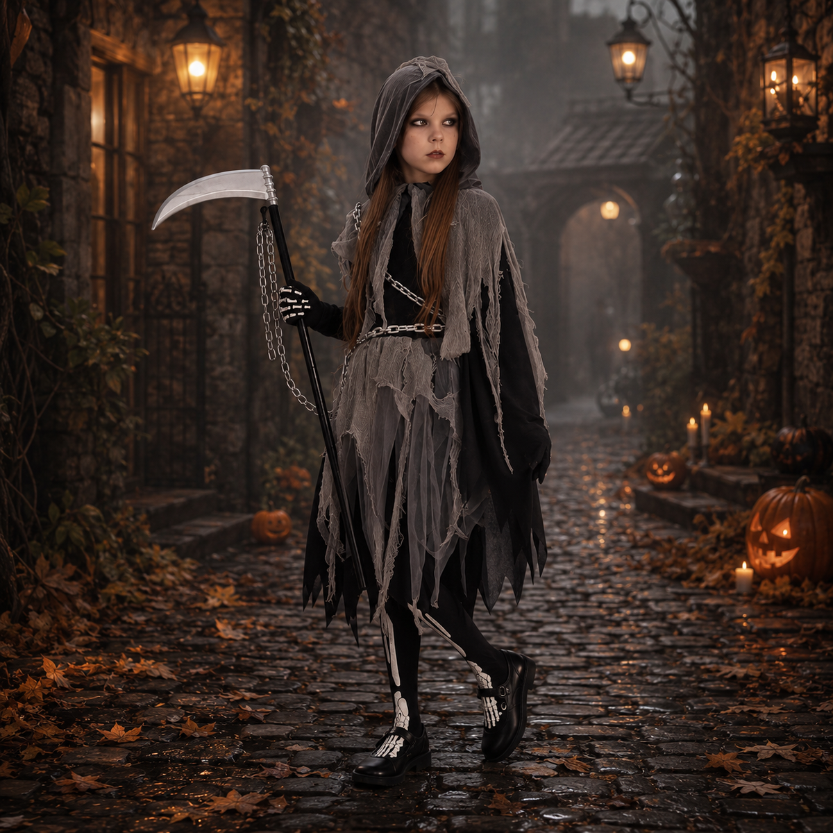 Girls Skeleton Tutu Dress Costume Bone Print Halloween Grim Reaper