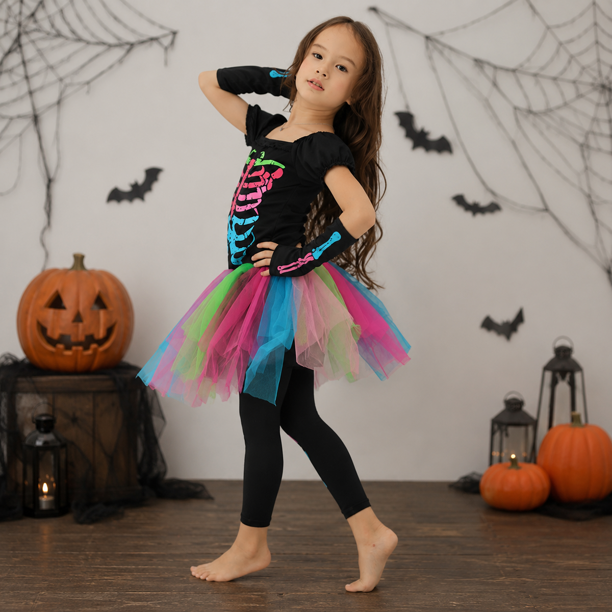 Girls Rainbow Skeleton Tutu Dress Costume Neon Bone Print Halloween