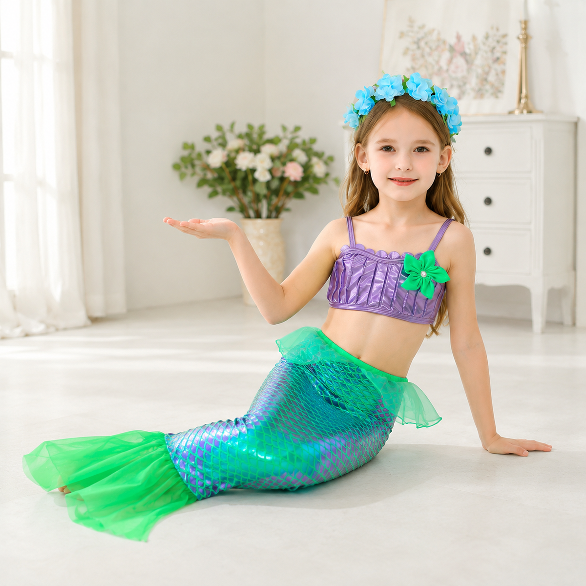 Girls Mermaid Costume Shiny Top Scale Tail Skirt Flower Crown Set