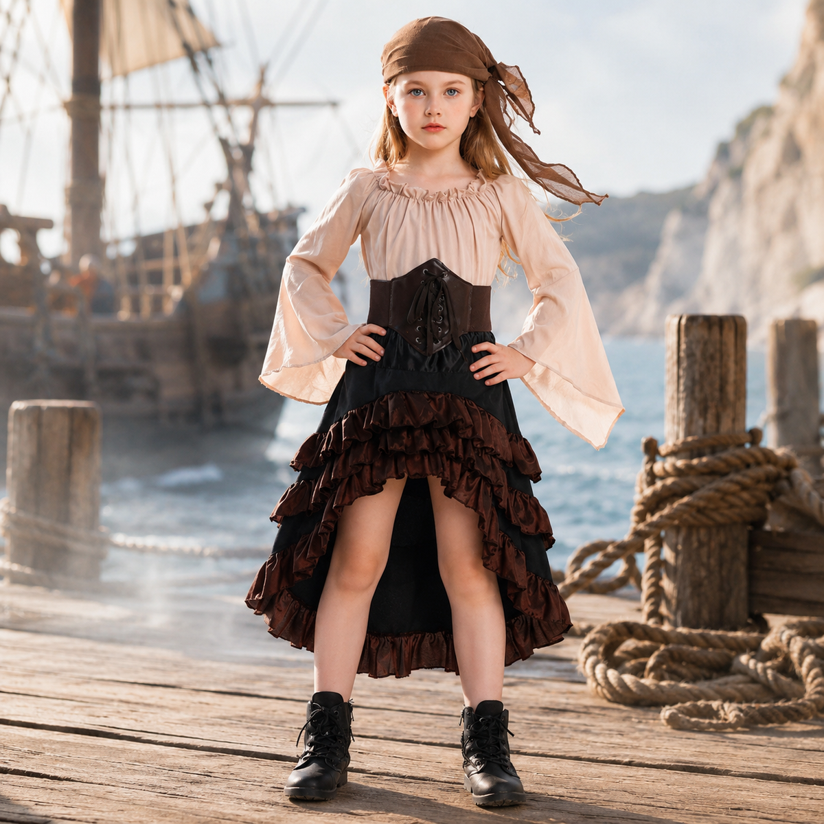 Girls Pirate Costume Blouse Corset Ruffle High Low Skirt Bandana