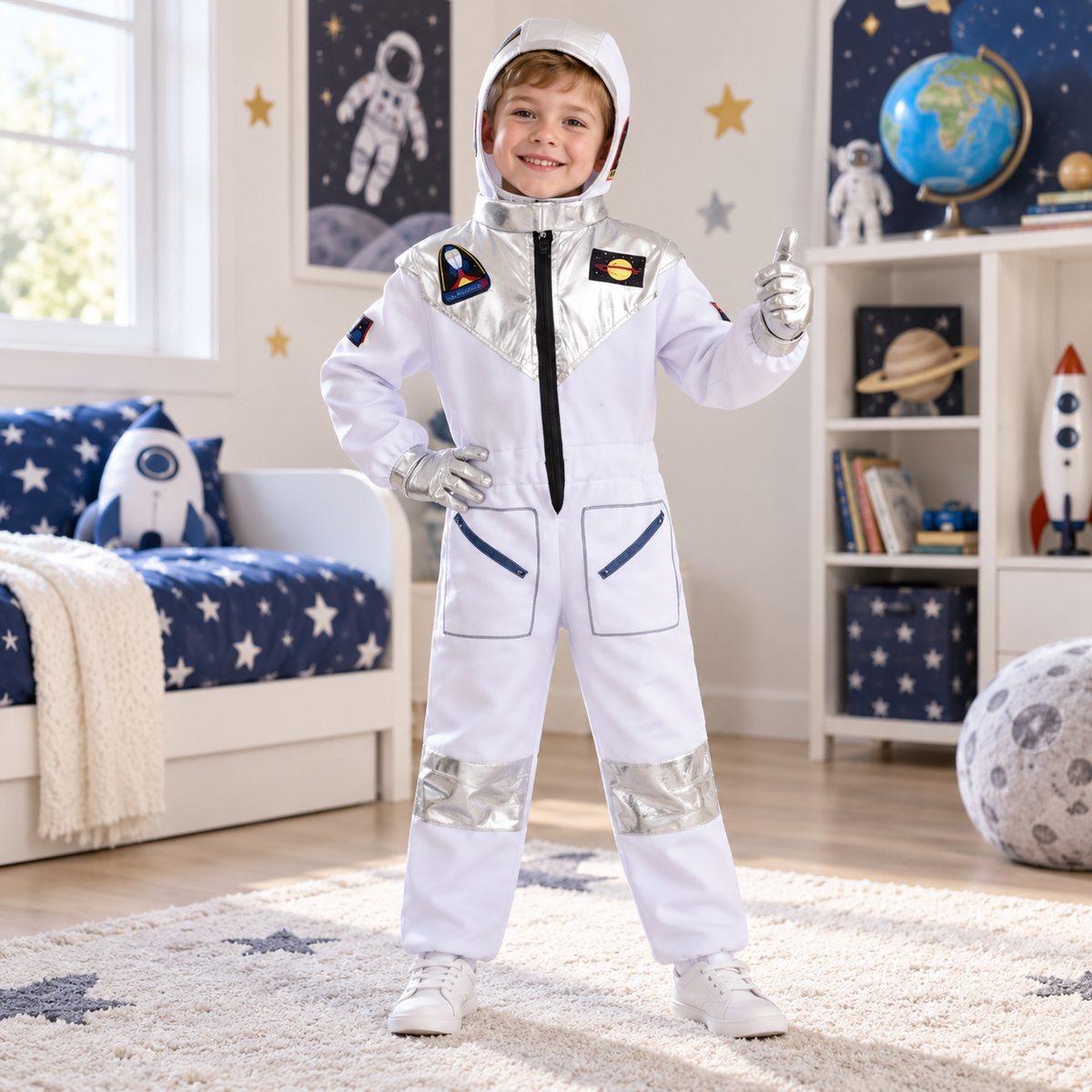 Kids Astronaut Costume White Space Suit with Silver Hood and Gloves