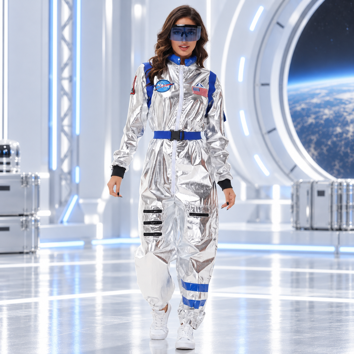 Adult Silver Astronaut Costume Metallic Space Suit Jumpsuit Visor Belt