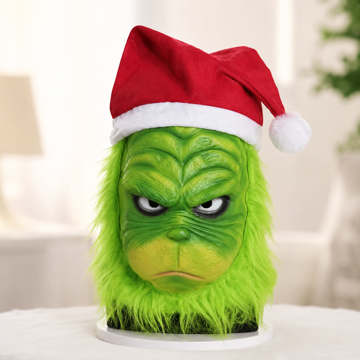 Green Christmas Grinch Style Latex Mask Furry Face Santa Hat Adult