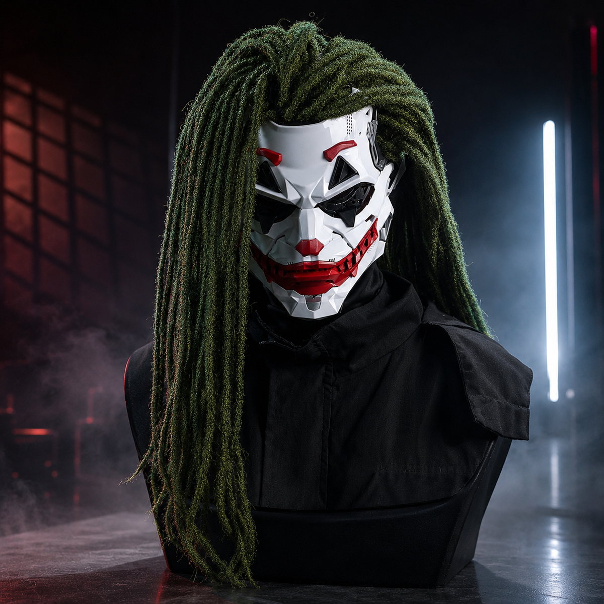 Futuristic Jester Clown Mask White Armored Face Wavy or Dreadlock Wig