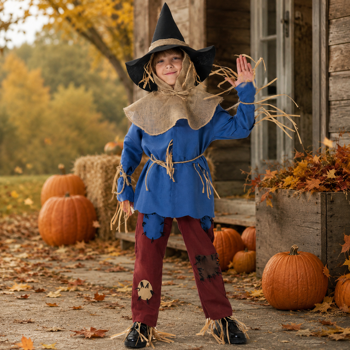 Kids Scarecrow Costume Blue Tunic Patched Pants Burlap Collar Hat