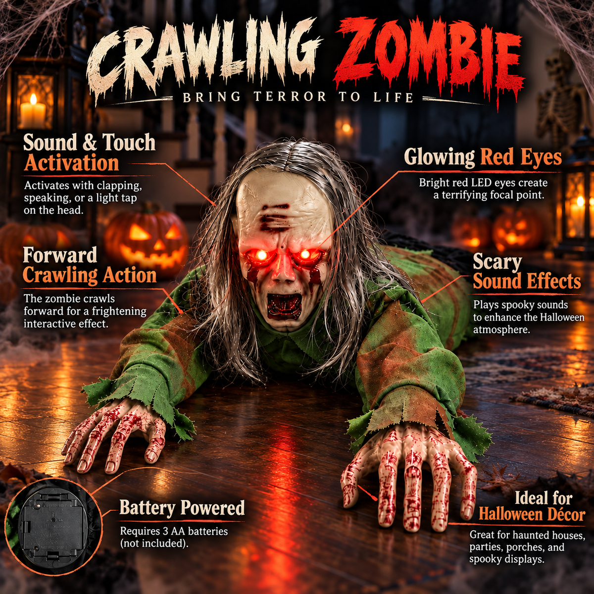 Crawling Zombie Halloween Prop Red LED Eyes Sound Activated Animated