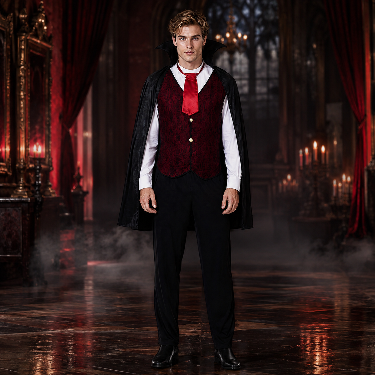 Mens Gothic Vampire Costume Set Cape Vest Shirt Count Noble Royal