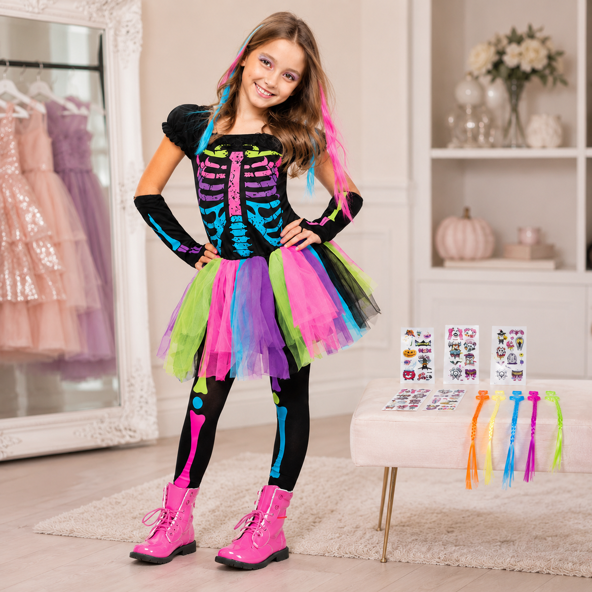 Girls Neon Skeleton Tutu Costume Set with Leggings Gloves and Tattoos