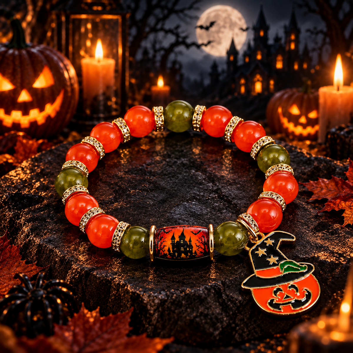 Halloween Charm Bracelet Stretch Bead Bat Pumpkin Ghost Castle
