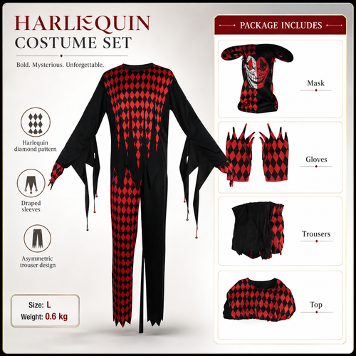 Adult Evil Harlequin Jester Costume Red Black Diamond Mask Hood Gloves