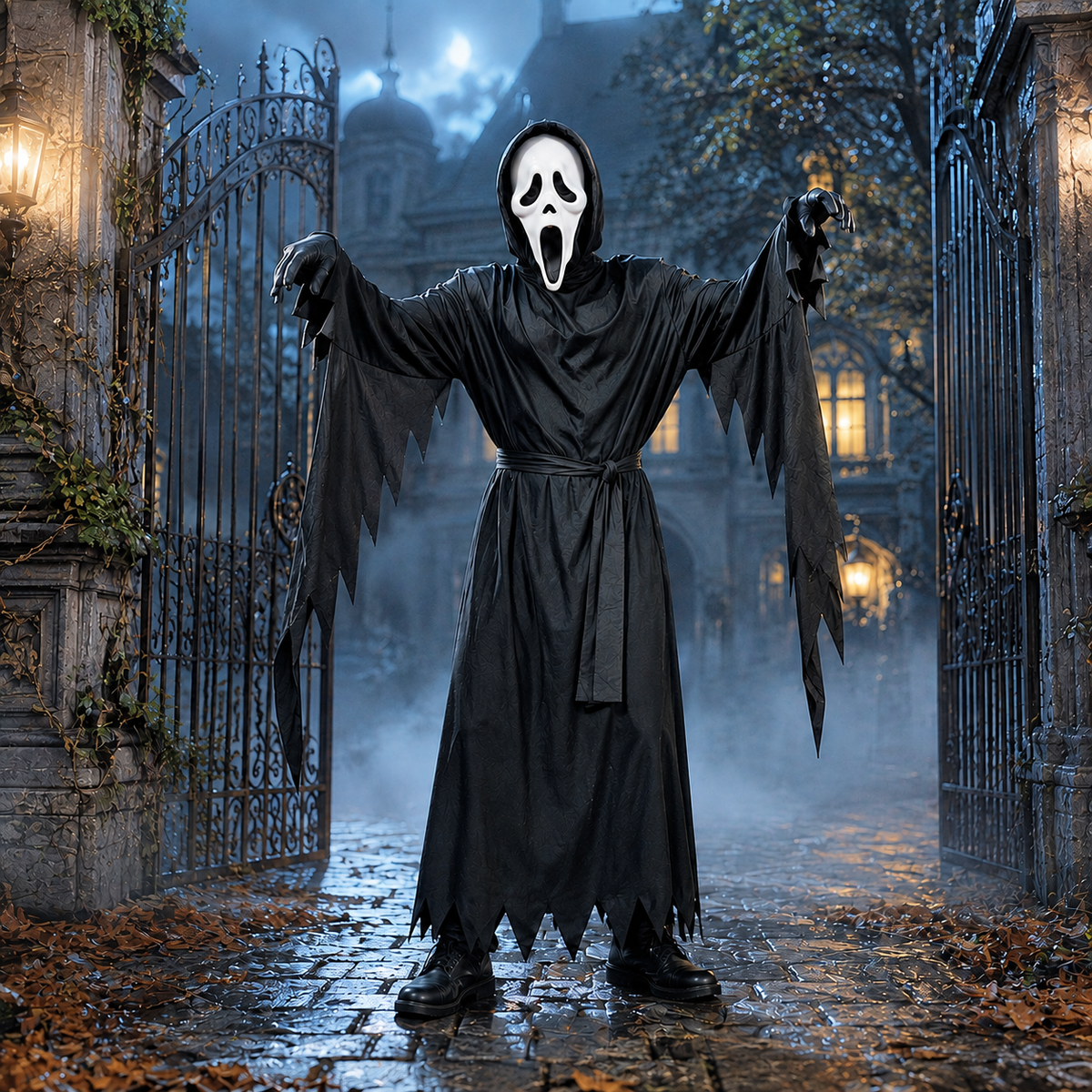 Hooded Reaper Robe Costume with Ghost Face Mask Gloves Sash Kids Adult