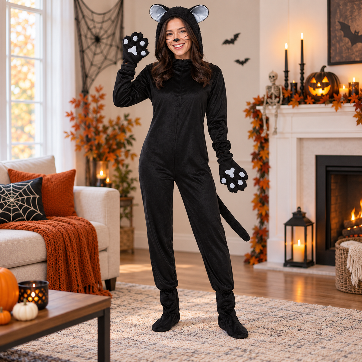 Black Cat Costume Hooded Velour Jumpsuit Paw Gloves Tail Family Set