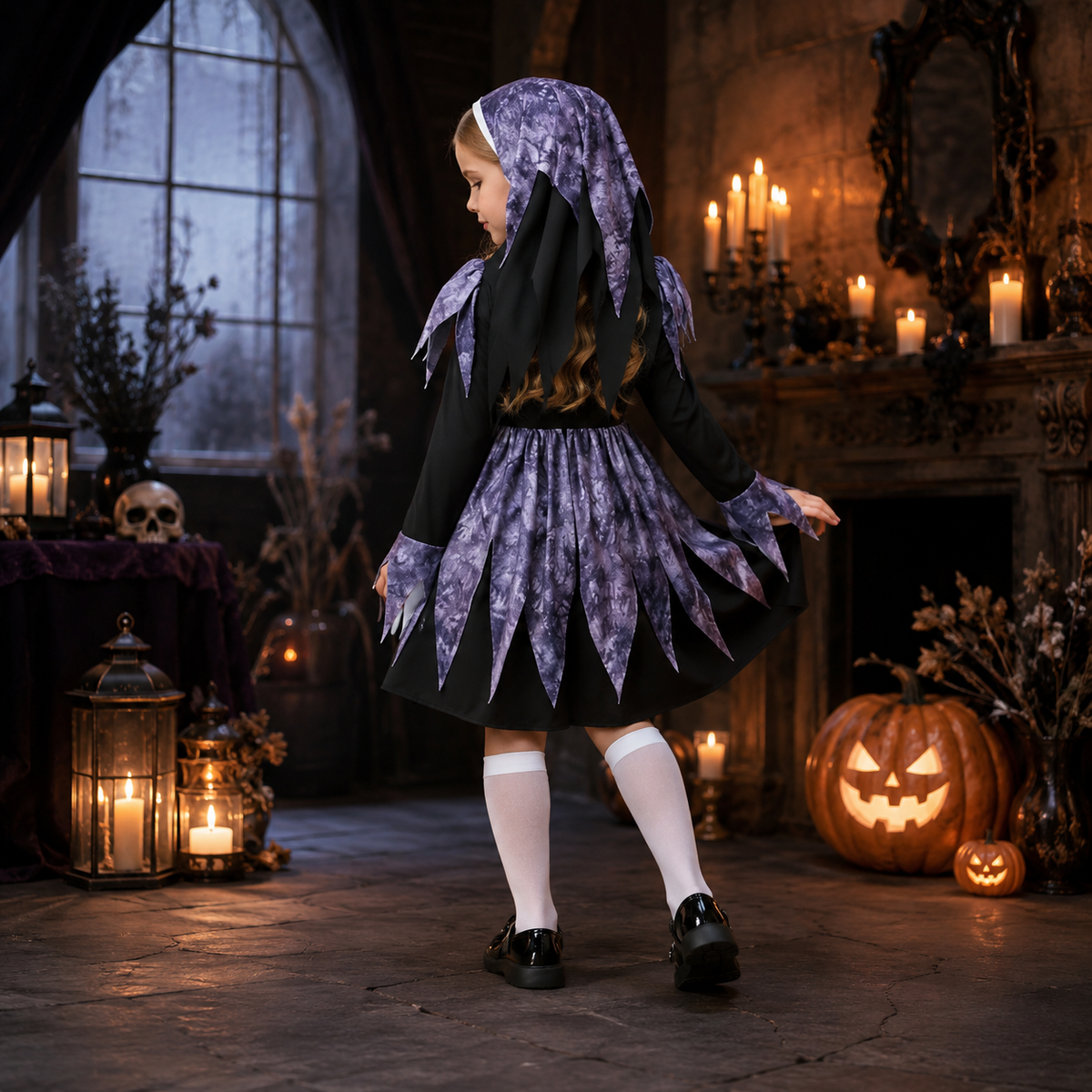 Kids Gothic Nun Costume Black Purple Dress with Headscarf Halloween