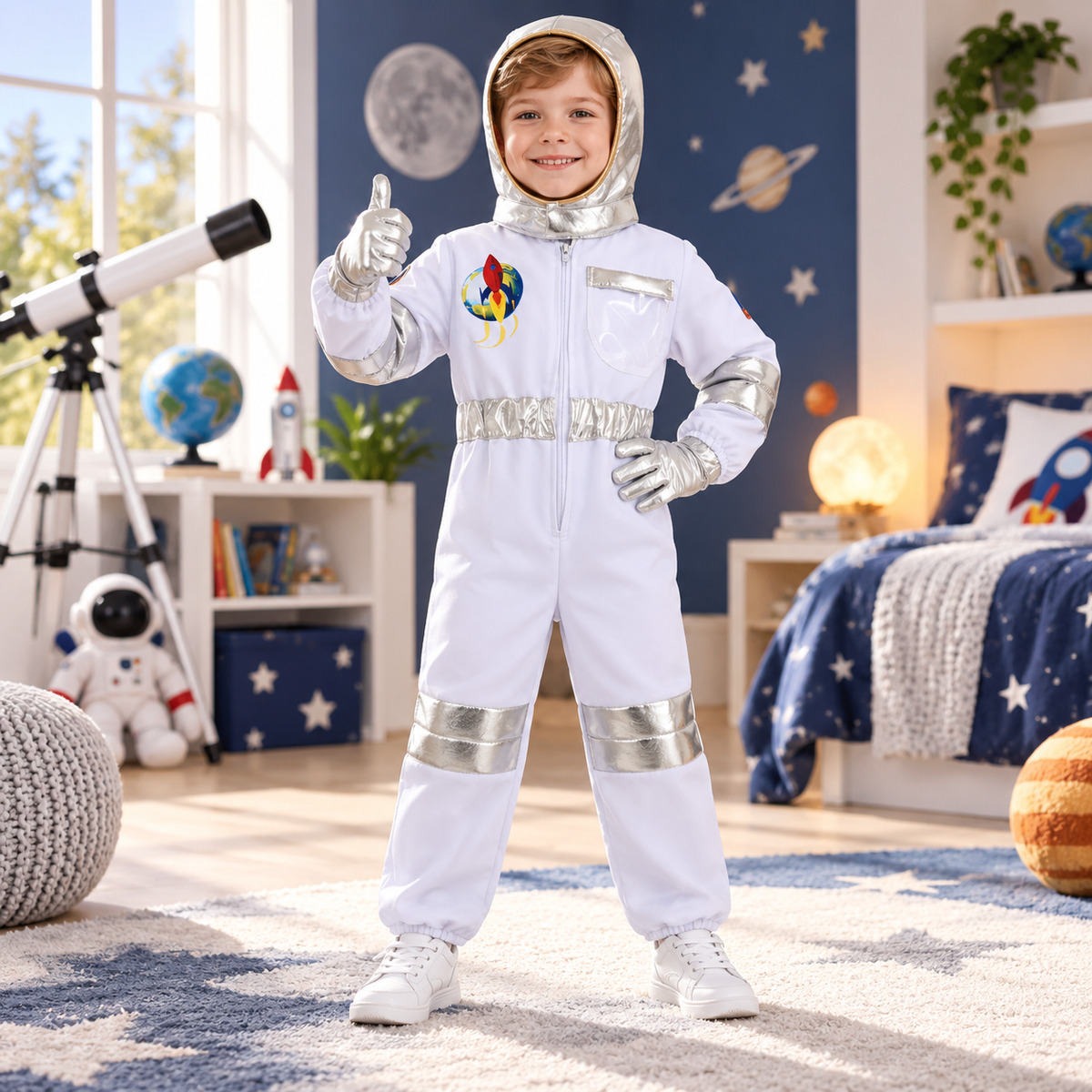 Kids Astronaut Costume White Space Suit with Silver Hood and Gloves