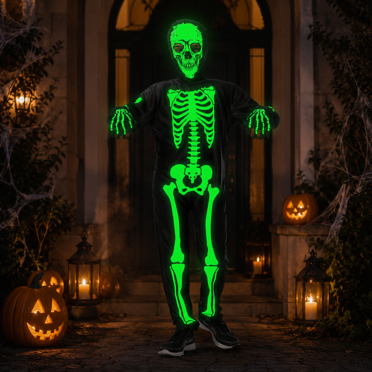 Glow in the Dark Skeleton Costume Hooded Skull Jumpsuit with Gloves