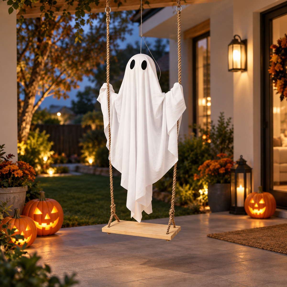 Hanging Ghost Swing Halloween Decoration Wooden Seat Porch Tree Decor