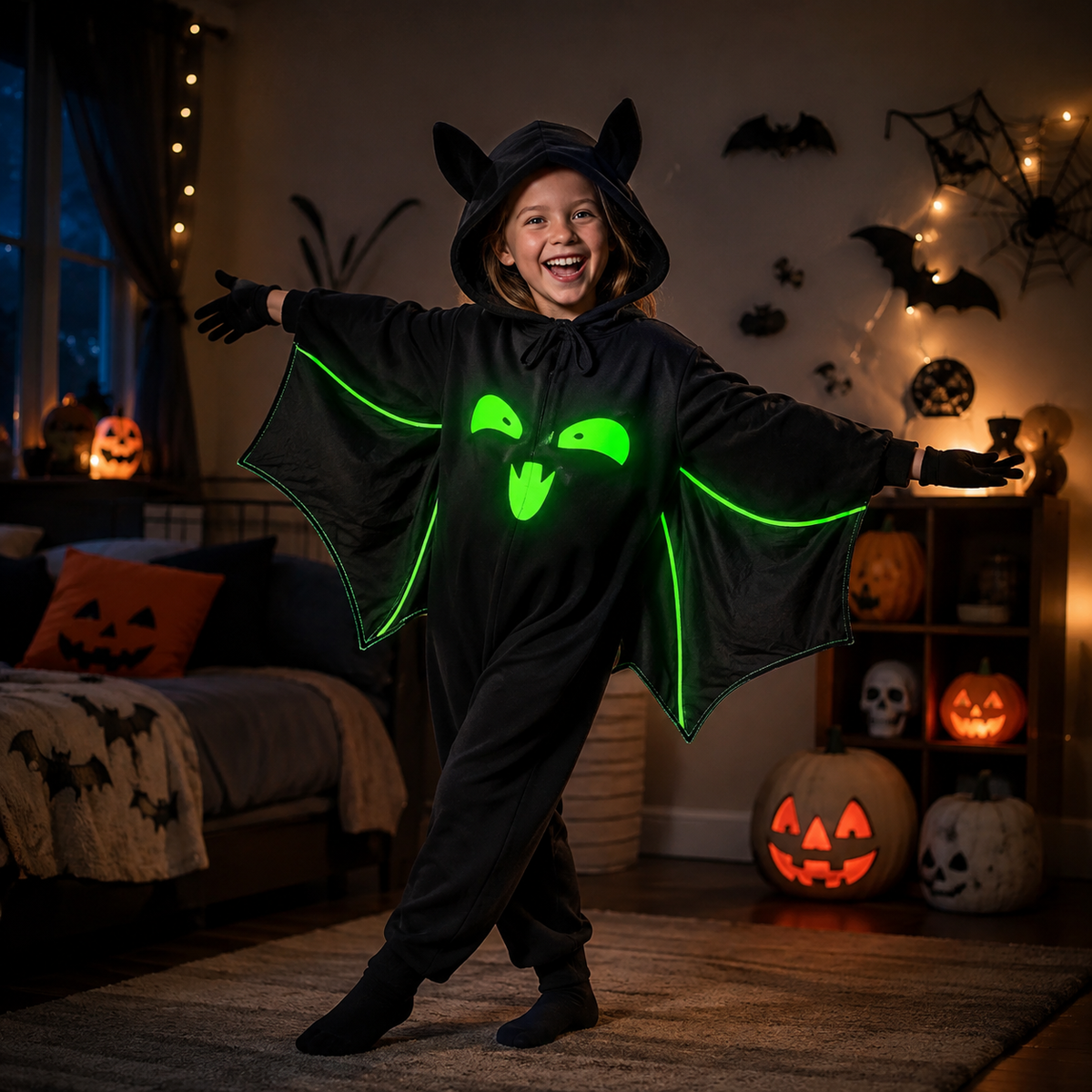 Kids Bat Costume Set Hooded Jumpsuit Wings Glow Face Gloves Stickers