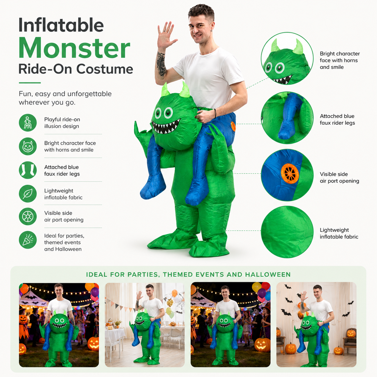 Inflatable Green Monster Ride On Costume Carry Me Adult Blow Up Suit