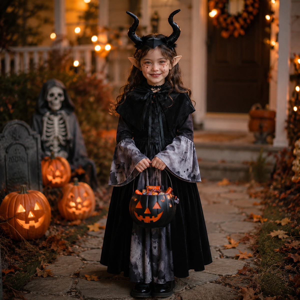 Girls Dark Fairy Costume Black Hooded Dress Horns Elf Ears Cane