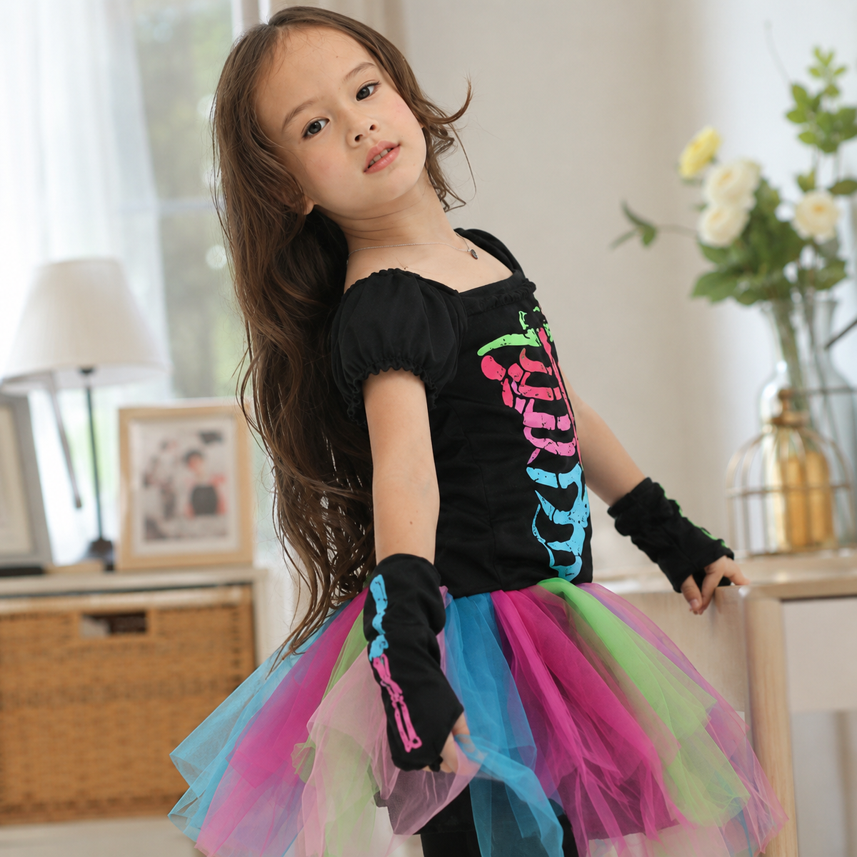 Girls Rainbow Skeleton Tutu Dress Costume Neon Bone Print Halloween