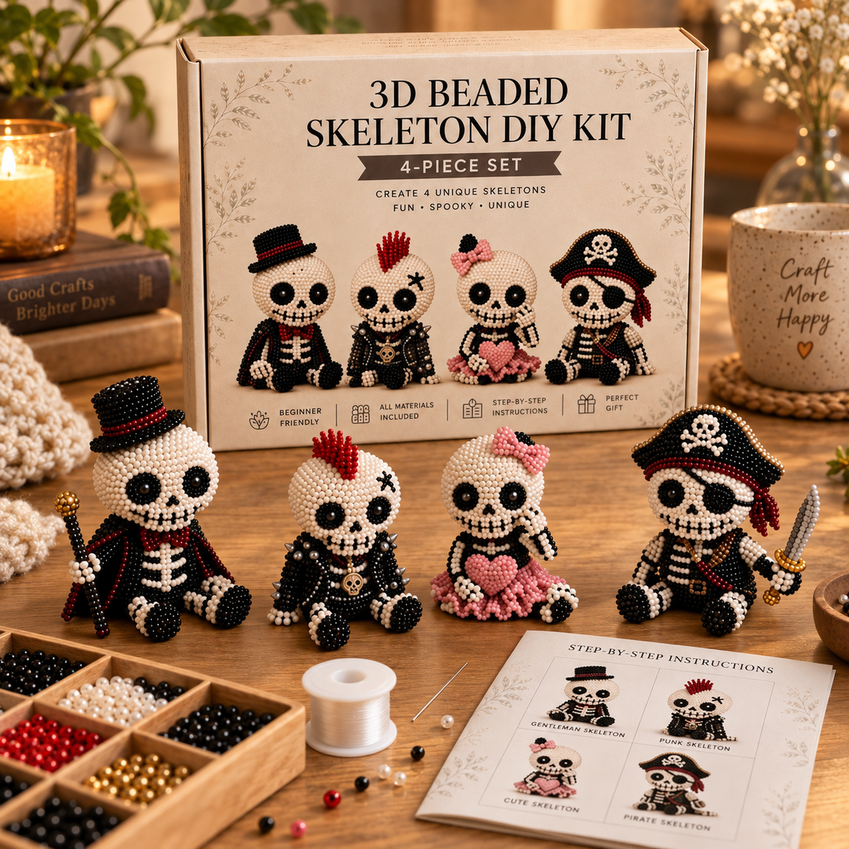 3D Beaded Skeleton DIY Craft Kit 4 Piece Set Halloween Bead Figures