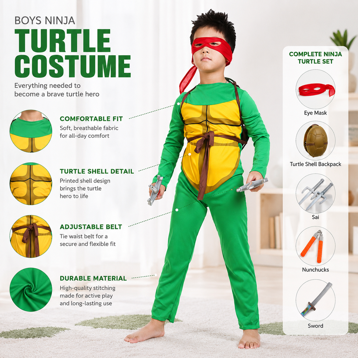Kids Ninja Turtle Costume Shell Jumpsuit Eye Mask Shell Backpack