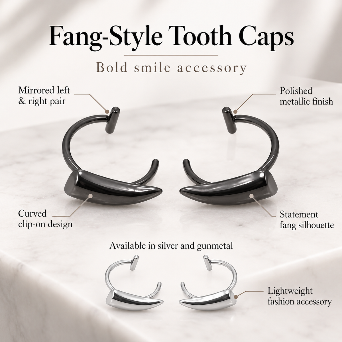 Fang Tooth Caps Clip On Vampire Fangs Silver or Gunmetal Pair