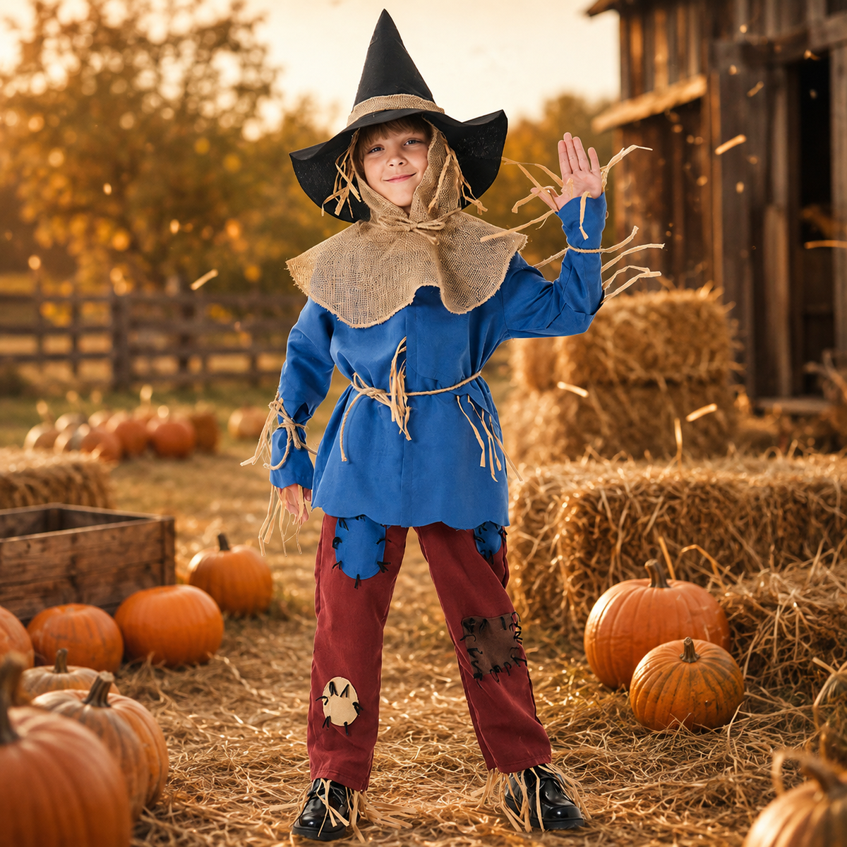 Kids Scarecrow Costume Blue Tunic Patched Pants Burlap Collar Hat