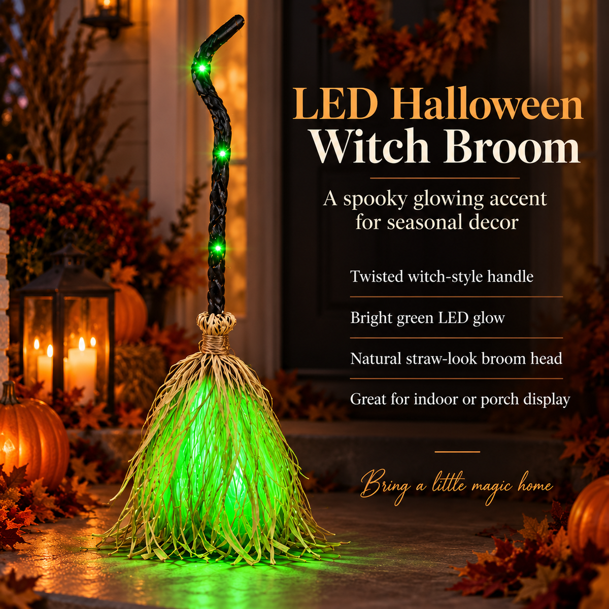 Light Up Witch Broom Halloween Decor Green LED Twisted Handle
