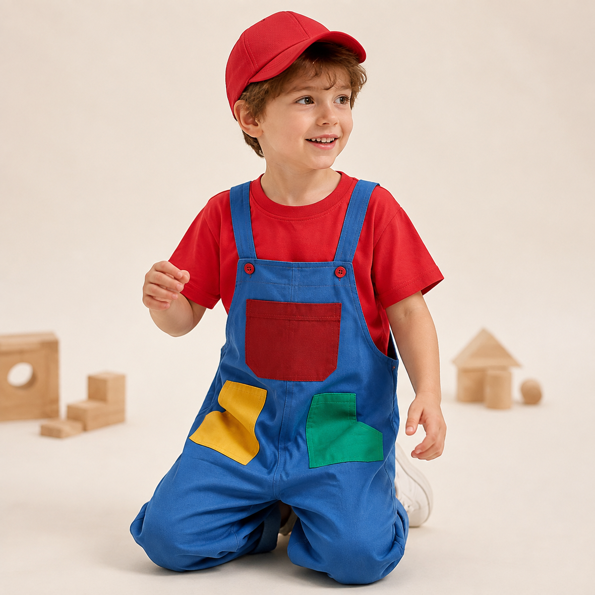 Kids Plumber Costume Colorblock Bib Overalls T Shirt Cap 3 Piece Set