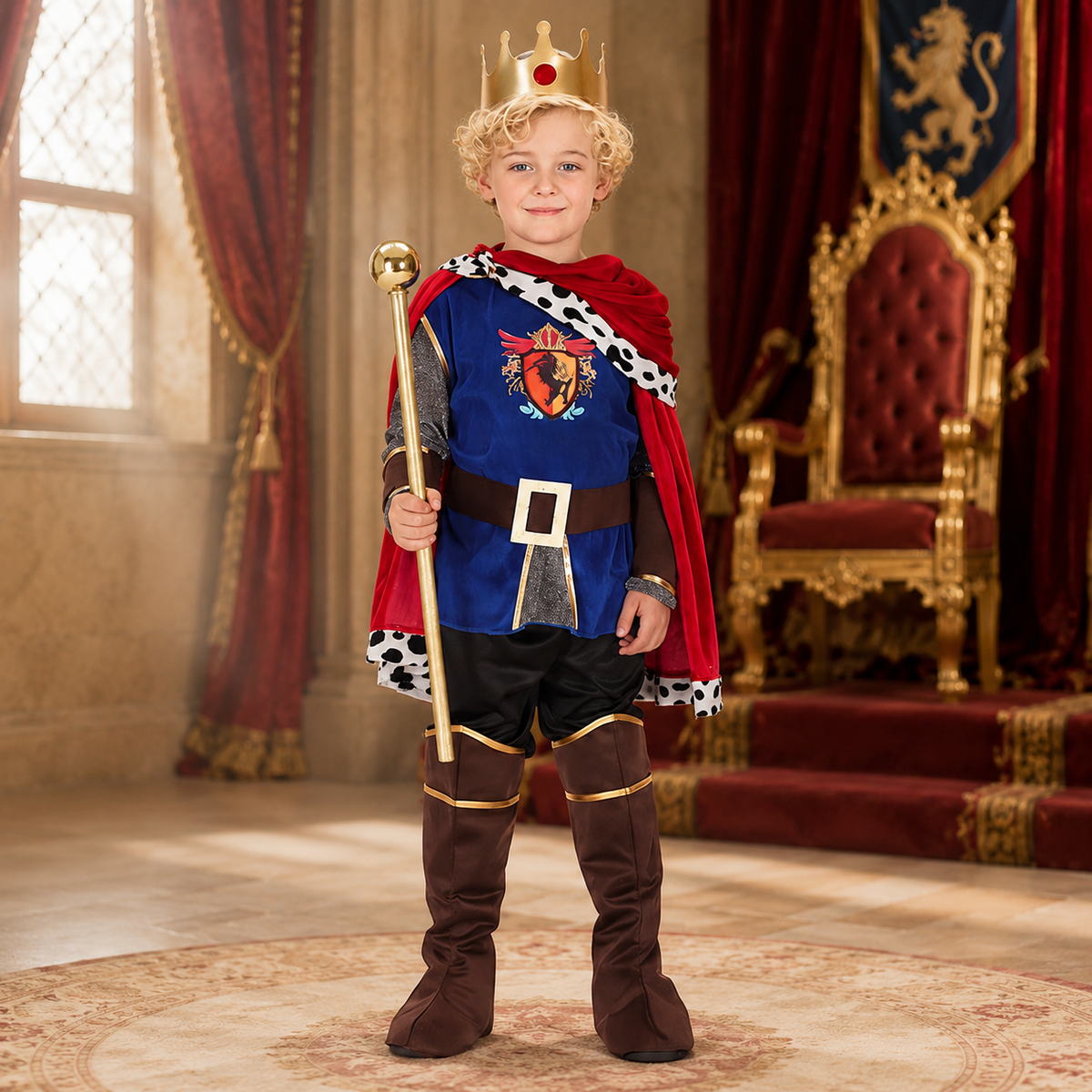 Boys Medieval King Costume Set Tunic Cape Crown Scepter Boot Covers