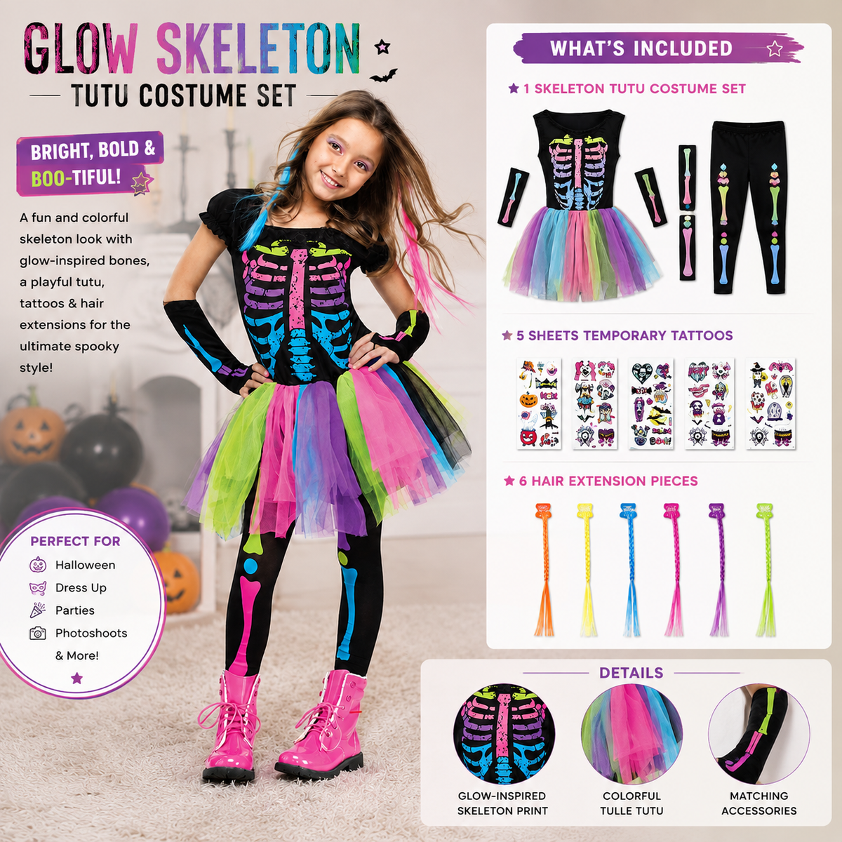 Girls Neon Skeleton Tutu Costume Set with Leggings Gloves and Tattoos