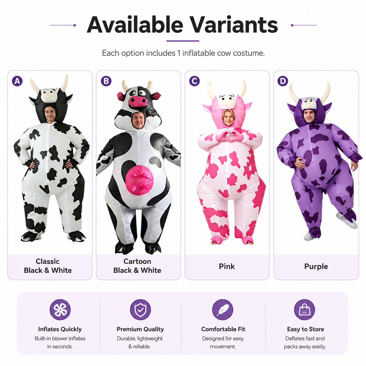 Adult Inflatable Cow Costume Full Body Blow Up Suit Horns 4 Colors