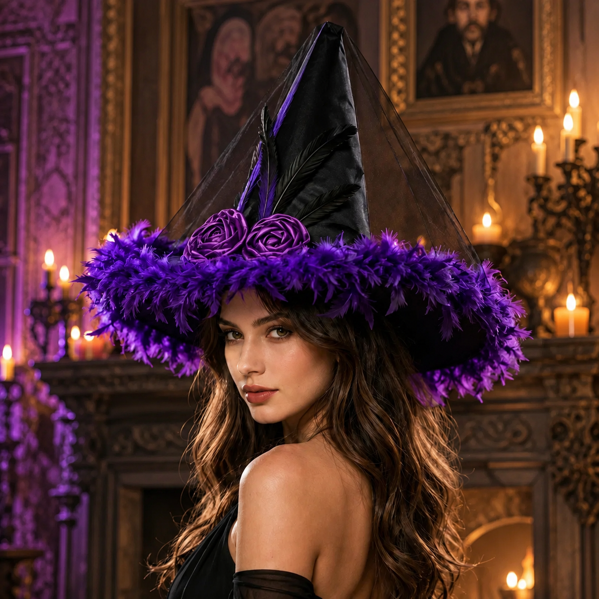 Feather Witch Hat with Veil Satin Roses Black Purple Halloween Hat