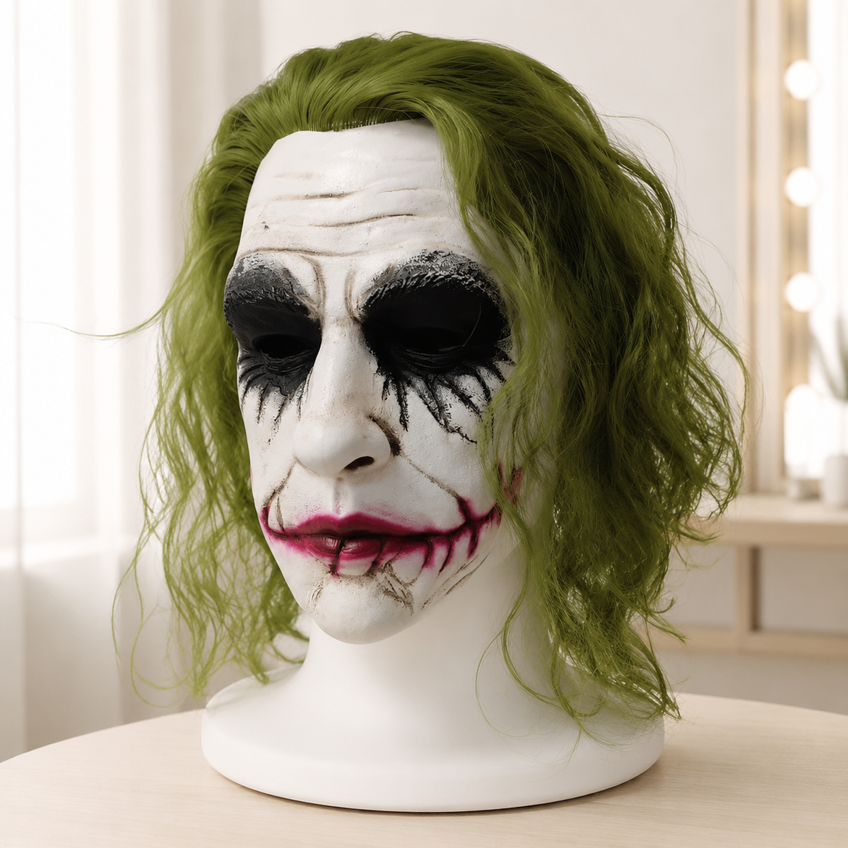 Joker Style Latex Mask with Wavy Green Hair Scarred Smile Clown Villain