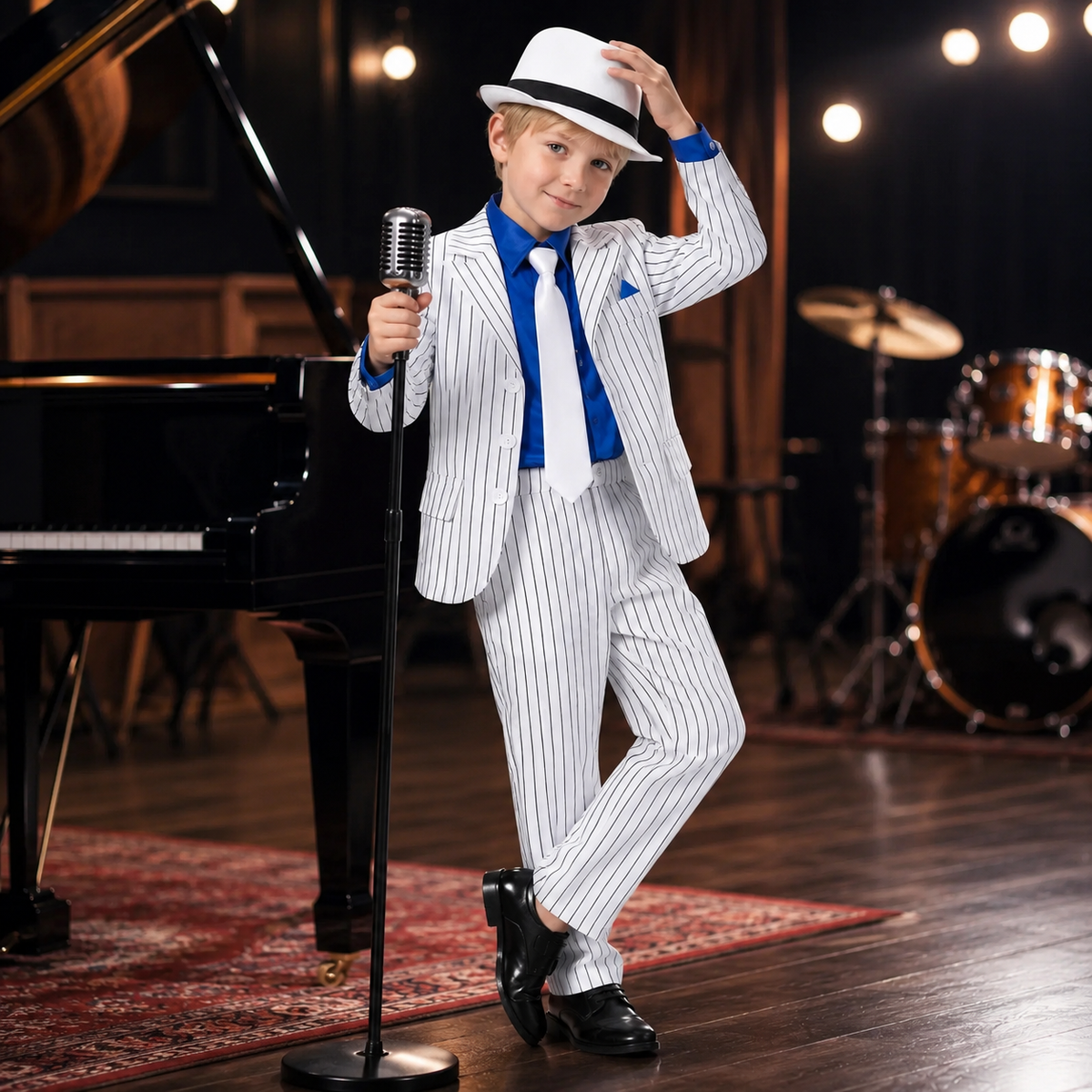 Boys White Pinstripe Suit Costume Blue Shirt Tie Fedora 80s Performer