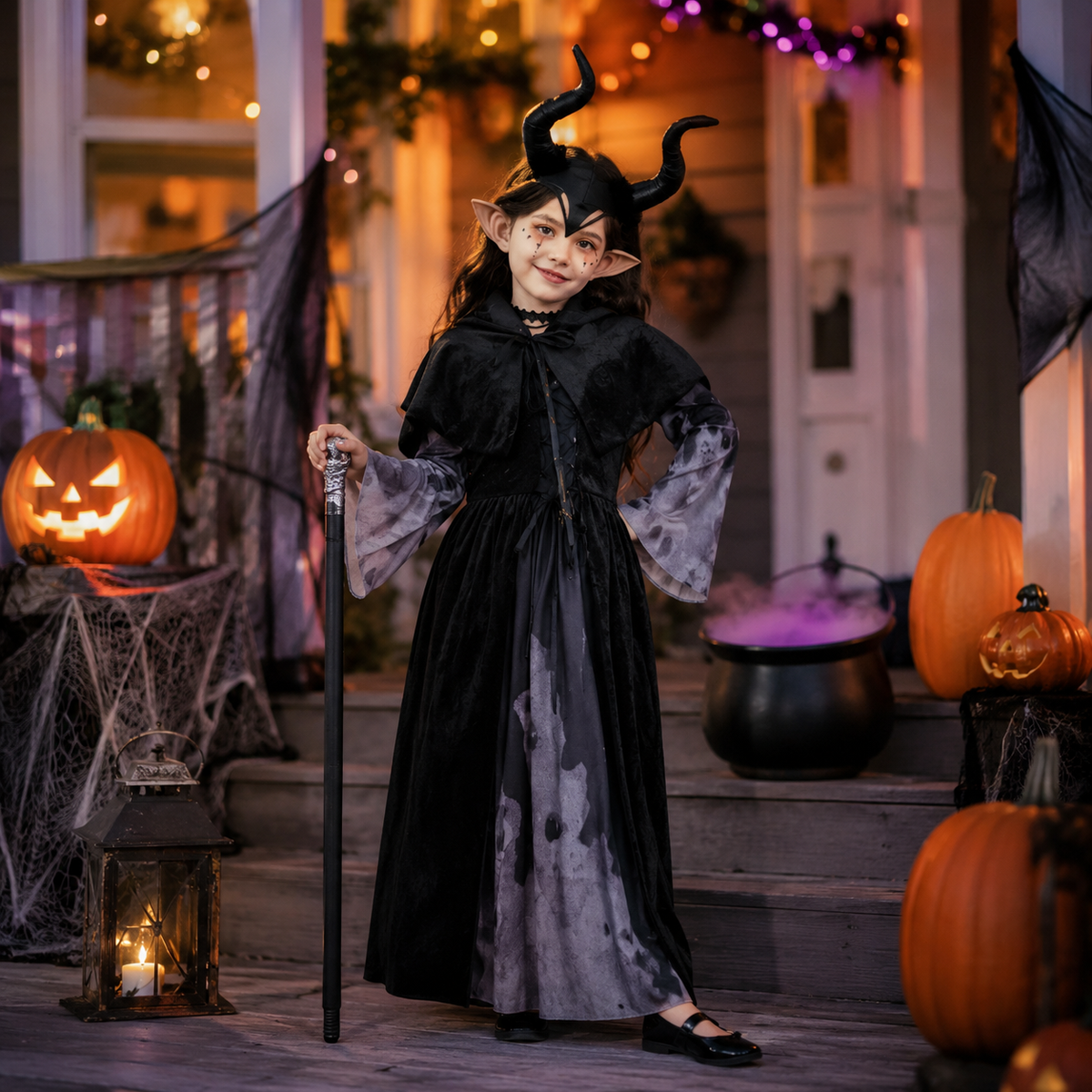Girls Dark Fairy Costume Black Hooded Dress Horns Elf Ears Cane