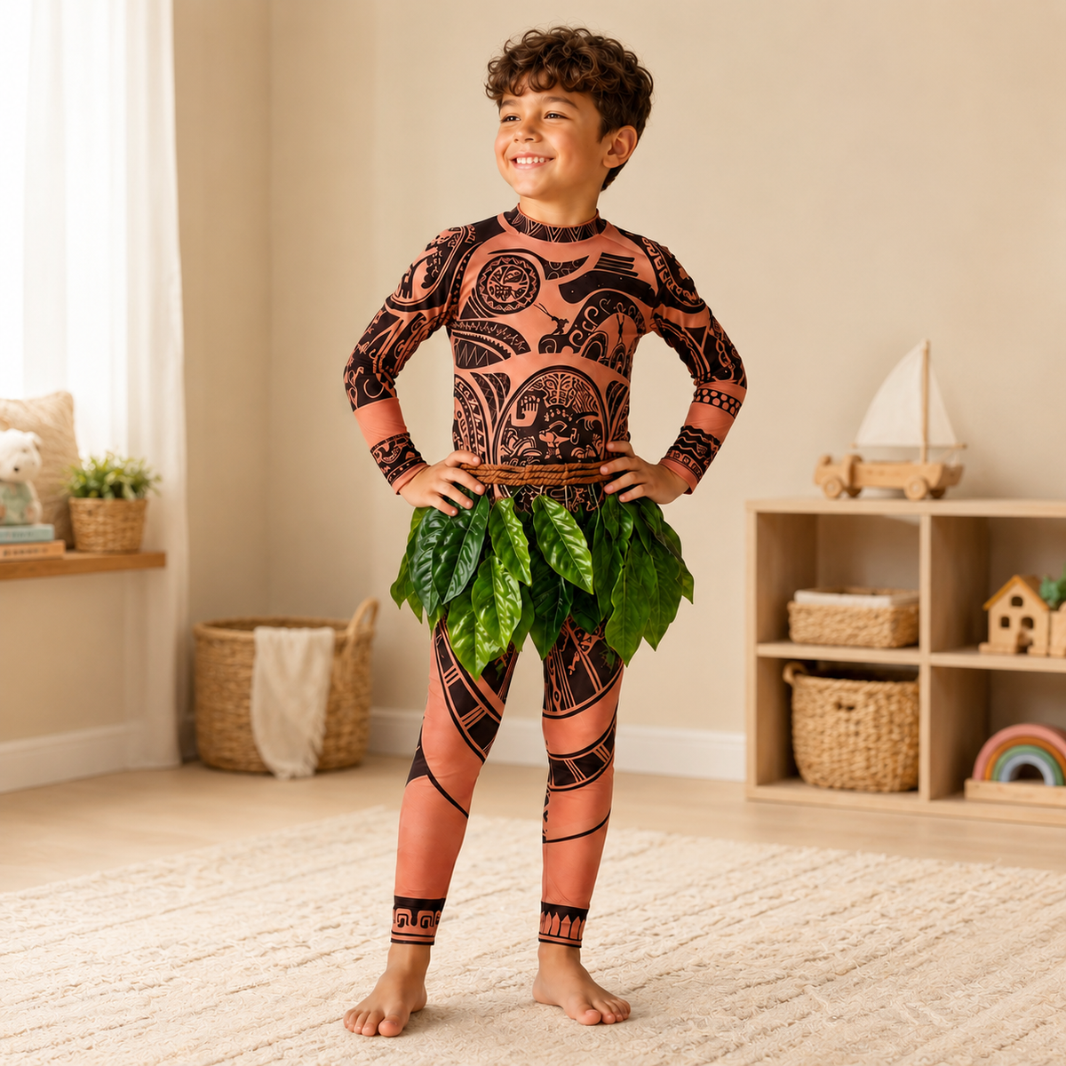 Maui Style Costume Tattoo Print Bodysuit Leaf Skirt Kids and Adults