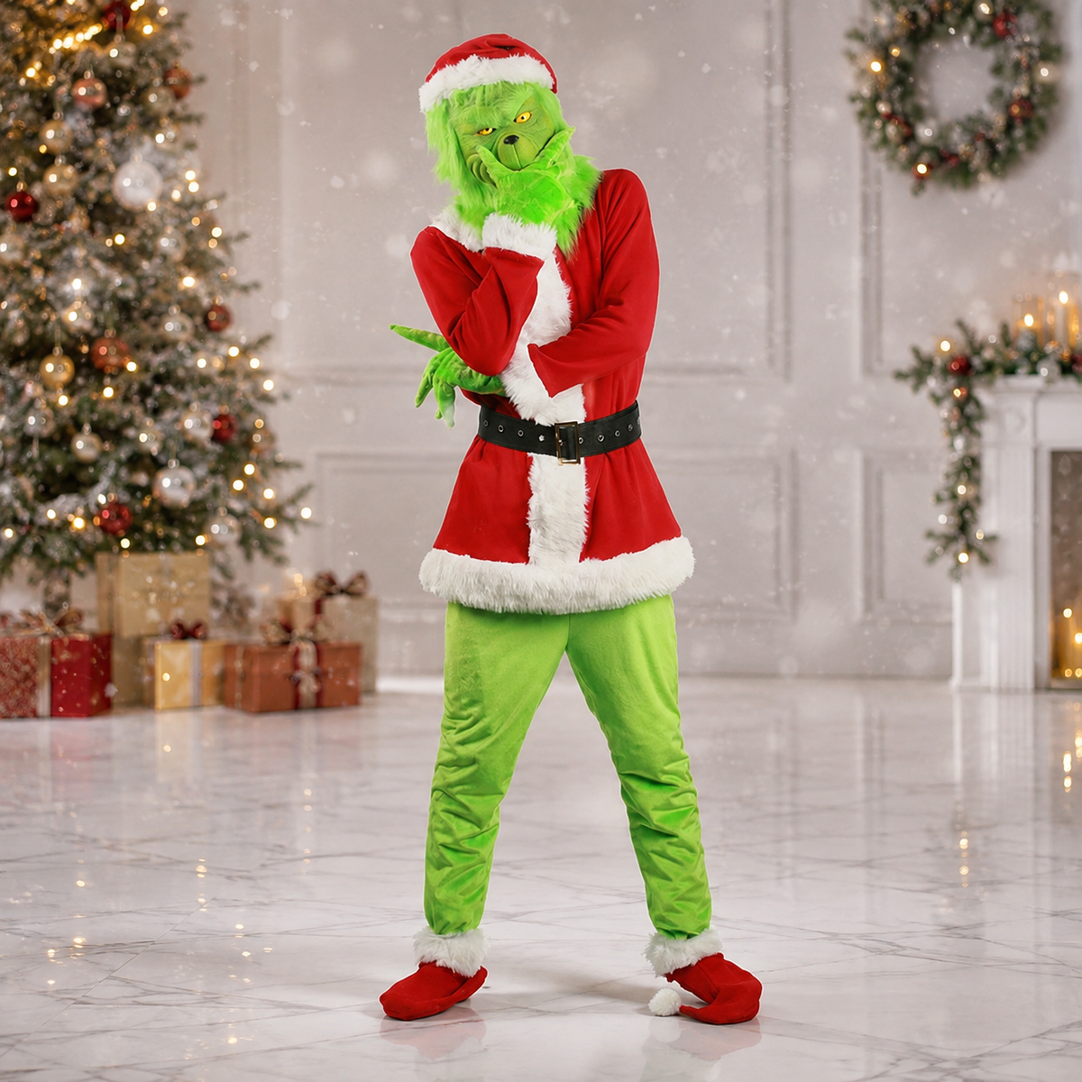 Green Christmas Grinch Style Costume Furry Mask Santa Suit Kids Adults