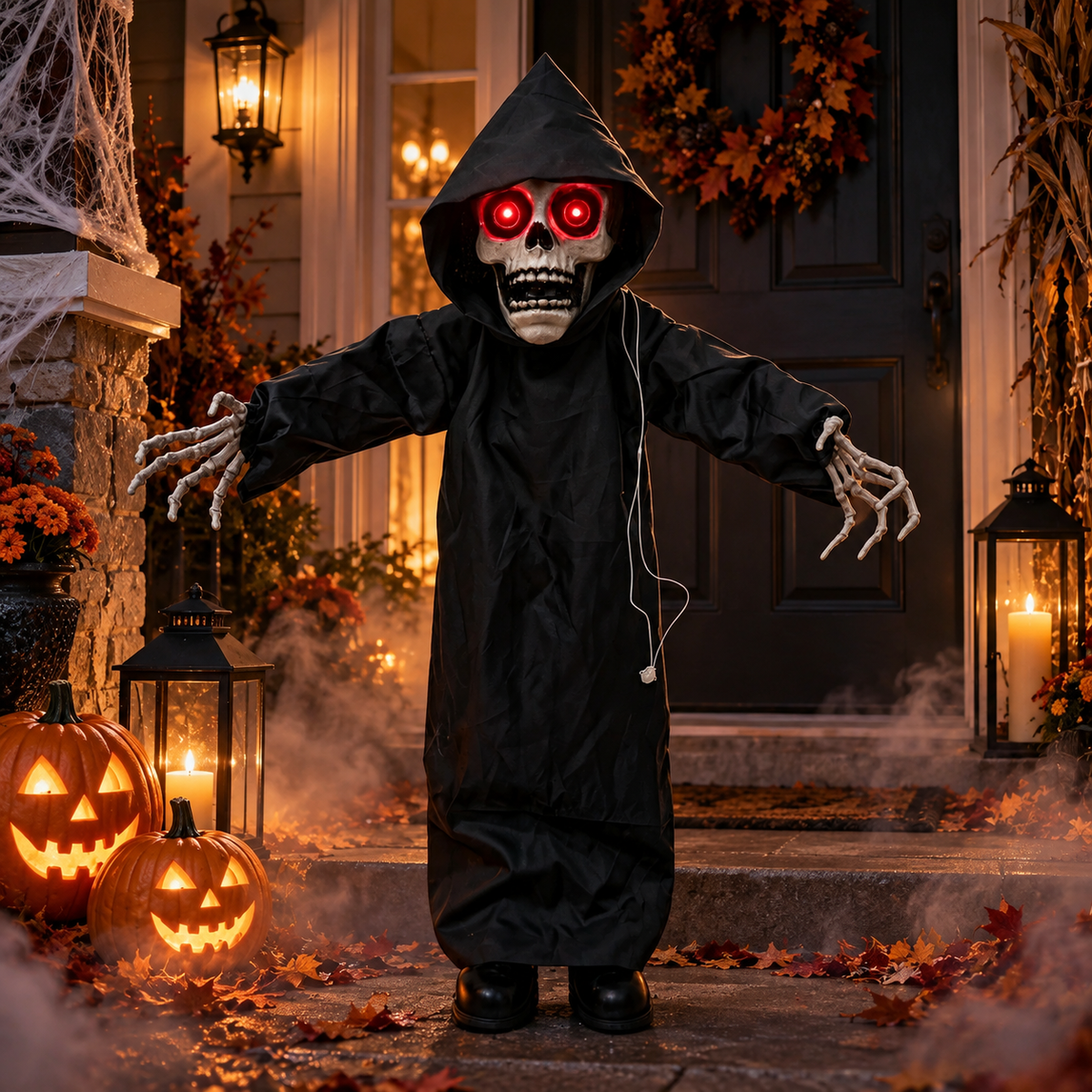 Animated Grim Reaper Halloween Decoration Red LED Eyes Standing Prop