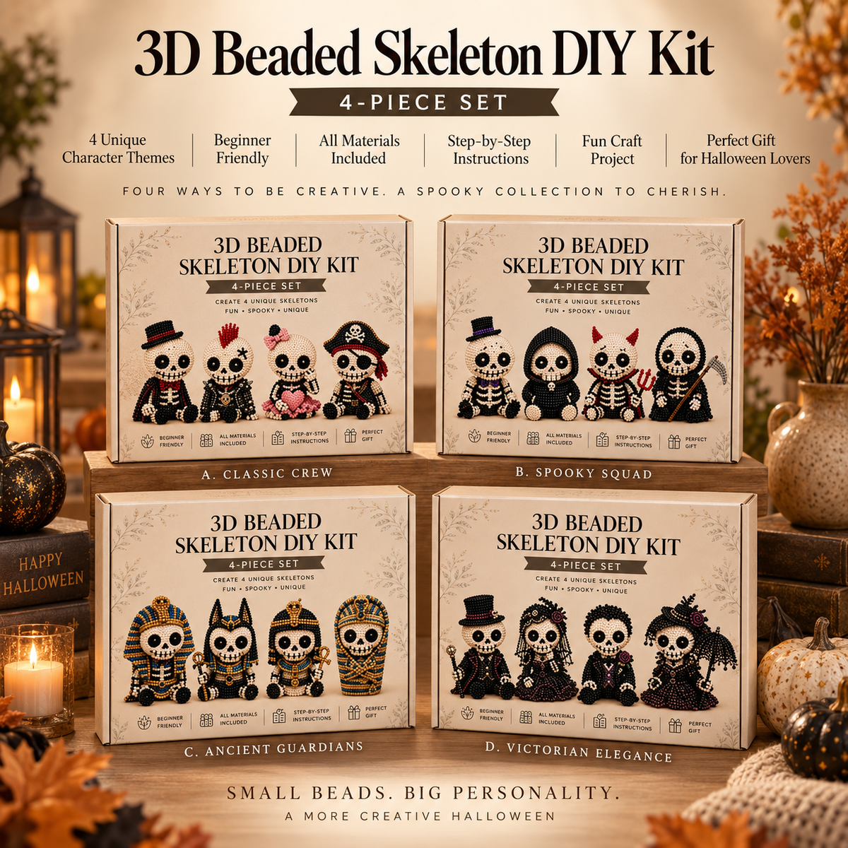 3D Beaded Skeleton DIY Craft Kit 4 Piece Set Halloween Bead Figures