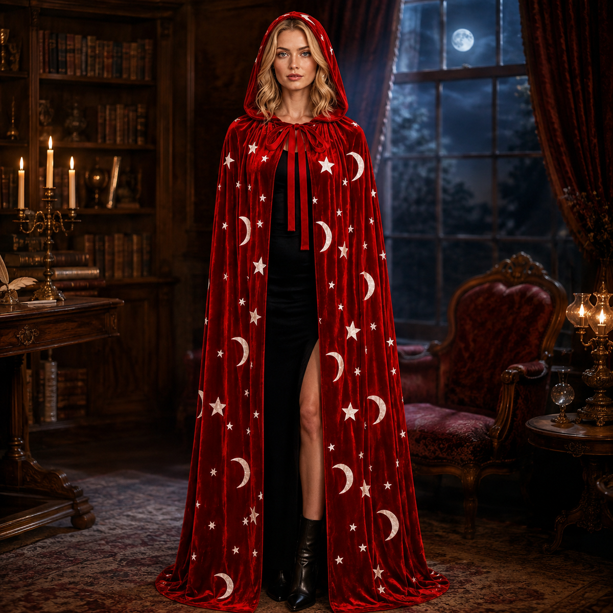 Celestial Velvet Hooded Cape Moon and Star Print Witch Wizard Cloak