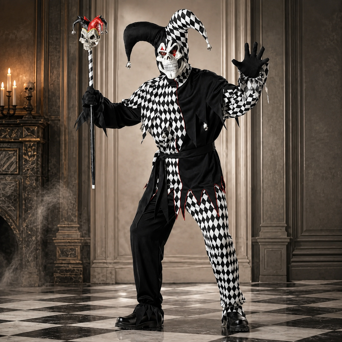 Evil Court Jester Costume Horned Hood Harlequin Suit Adult Kids